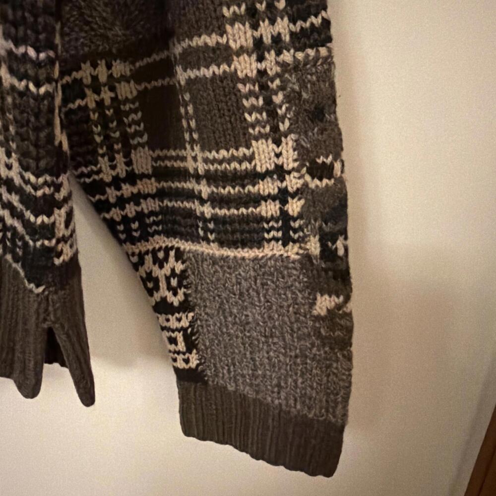 Vintage Faconnable Wool Sweater Mens Large Brown Plaid Tartan Patch Work France - Picture 6 of 8